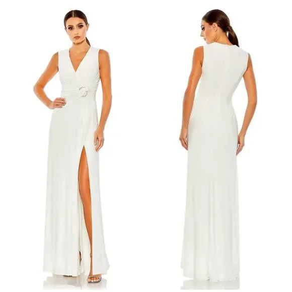 Mac Duggal NWT Draped Side Knot Jersey Gown Rhinestone Ring White Size 20 - Picture 1 of 11